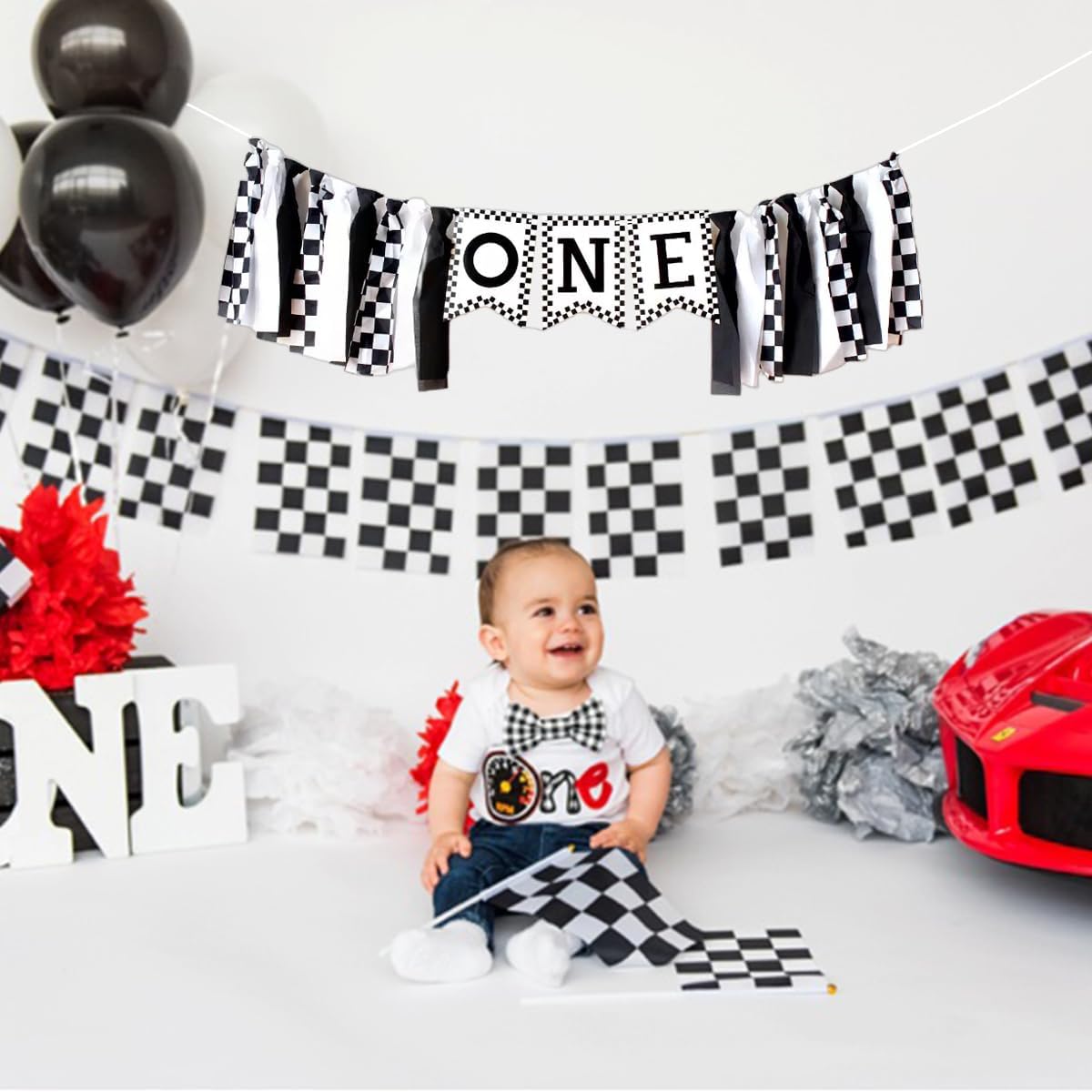 Race Car One High Chair Banner, Checkered Racing 1st Highchair Banner for Boys, Fast One Birthday Party Decorations, Black and White Race Car First Photo Prop Cake Smash - Image 2