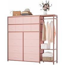 Hetoy 16-Drawer Fabric Dresser with Hanging Rod & Open Shelves,16 Drawer Dresser for Bedroom,Fabric Storage Organizer,Large Capacity Multifunctional Storage Organizer for Bedroom, Closet & Entryway