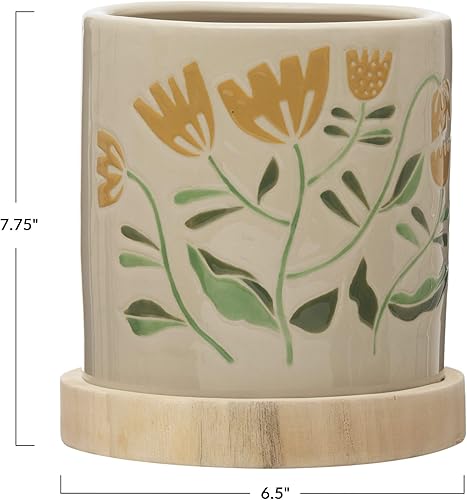 Miniatura 4 de Creative Co-Op Maceta de cerámica floral pintada a mano con platillo de madera de Paulownia, juego de 2, multicolor, 7 pulgadas de largo x 7