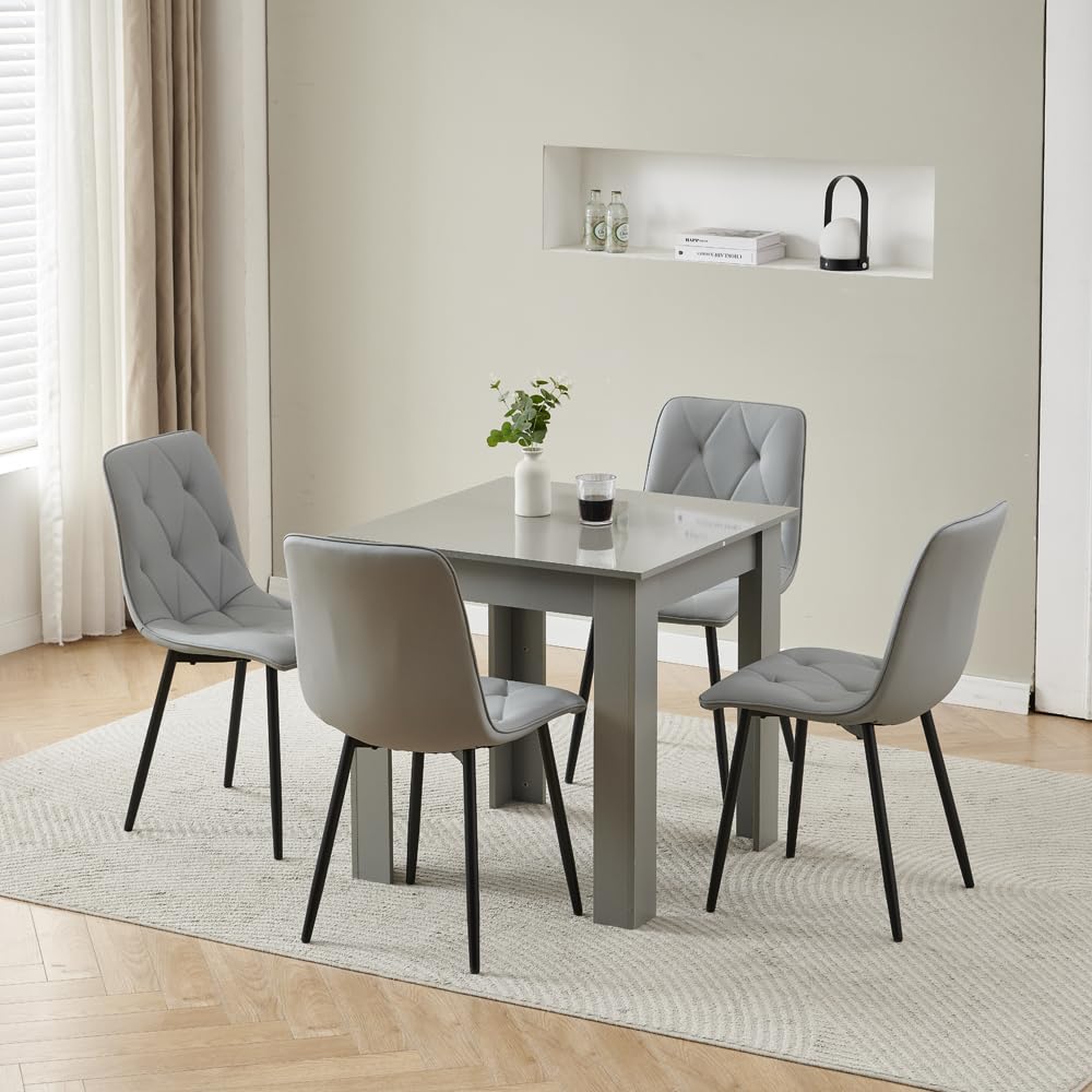Homullel 75x75 cm Small Dining Table and 4 Chairs, 4 Seater Table and Chairs Set Kitchen Dining Room Set for 4, Compact, Space Saving, Wooden, Glossing Tabletop Grey (4 Seats, PU Diamond Gray)
