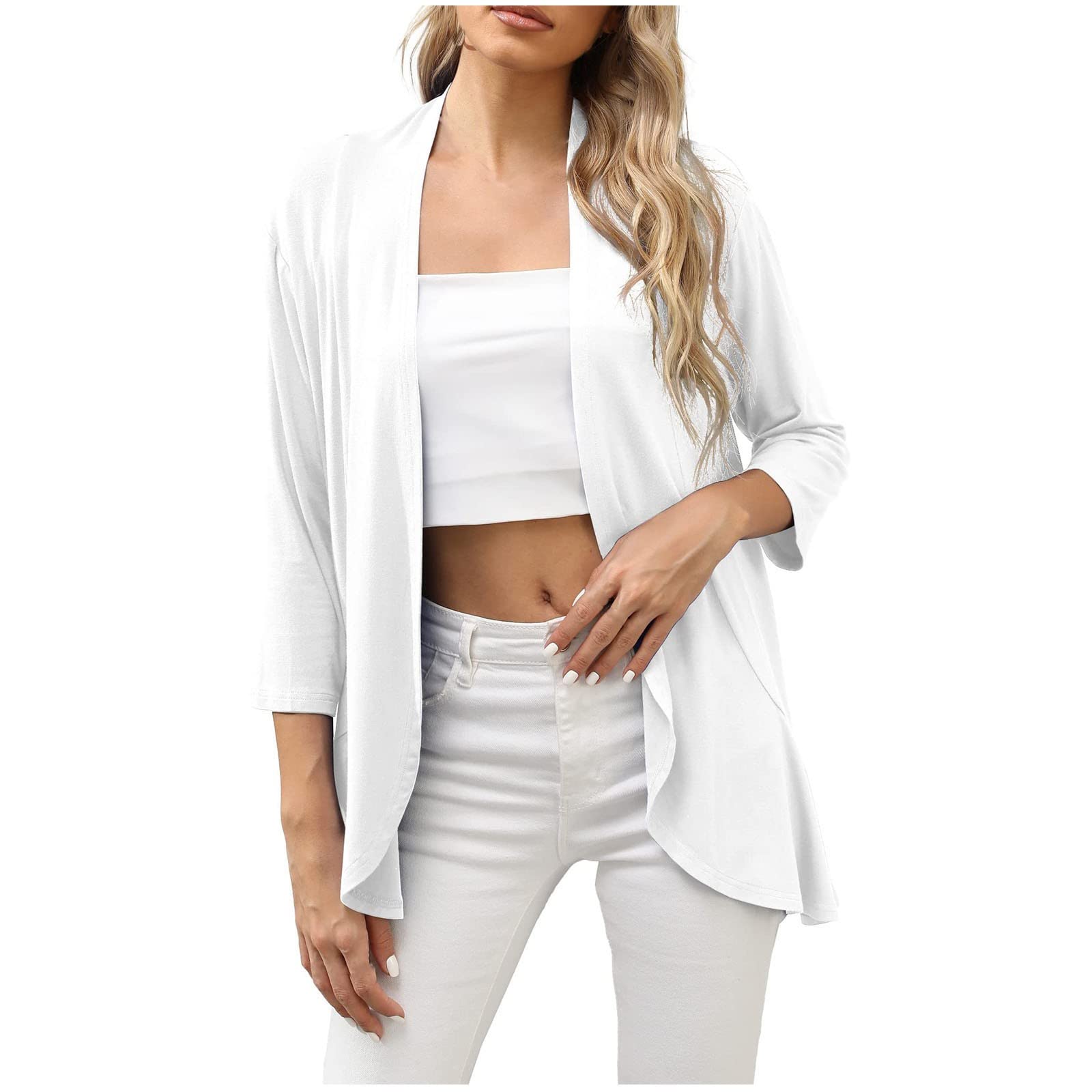 VEMOW Cardigan Ligero de Mujer Elegante Cardigan Mujer Mangas 3/4 Color Sólido Shirt Casual Cárdigan Kimonos Mujer Verano Playa Chal Chaqueta Cover Up Rebecas para Primavera Verano