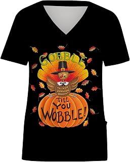 Womens Work Scrub Festival Thanksgiving Tops Short Sleeve Blouses for Women Vneck Fall Summer Shirts 2023 9A
