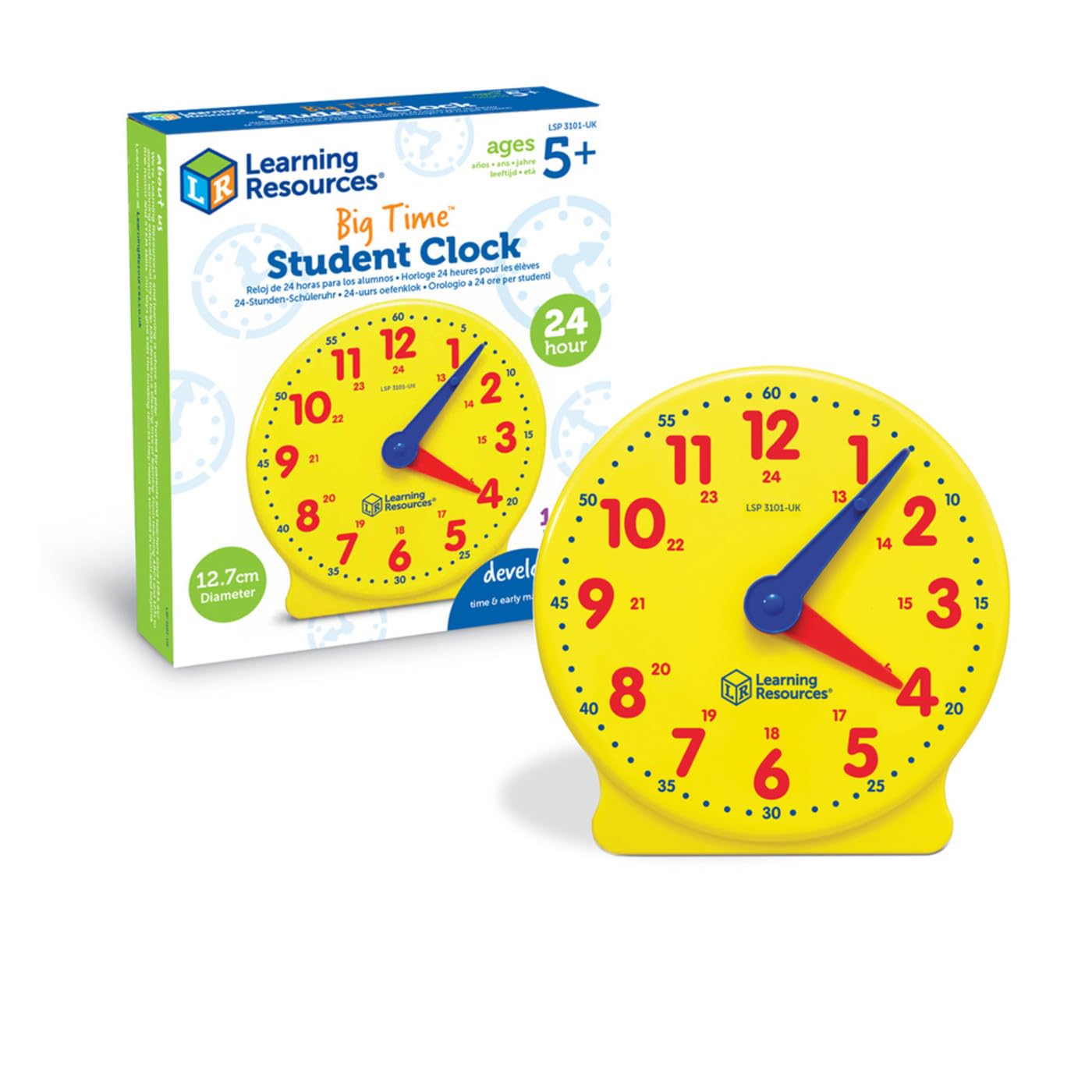 Learning Resources LSP3101-UK duży 24-godzinny student, manipulacje matematyczne do mówienia czasu, zegar analogowy do nauki dzieci, jeden rozmiar
