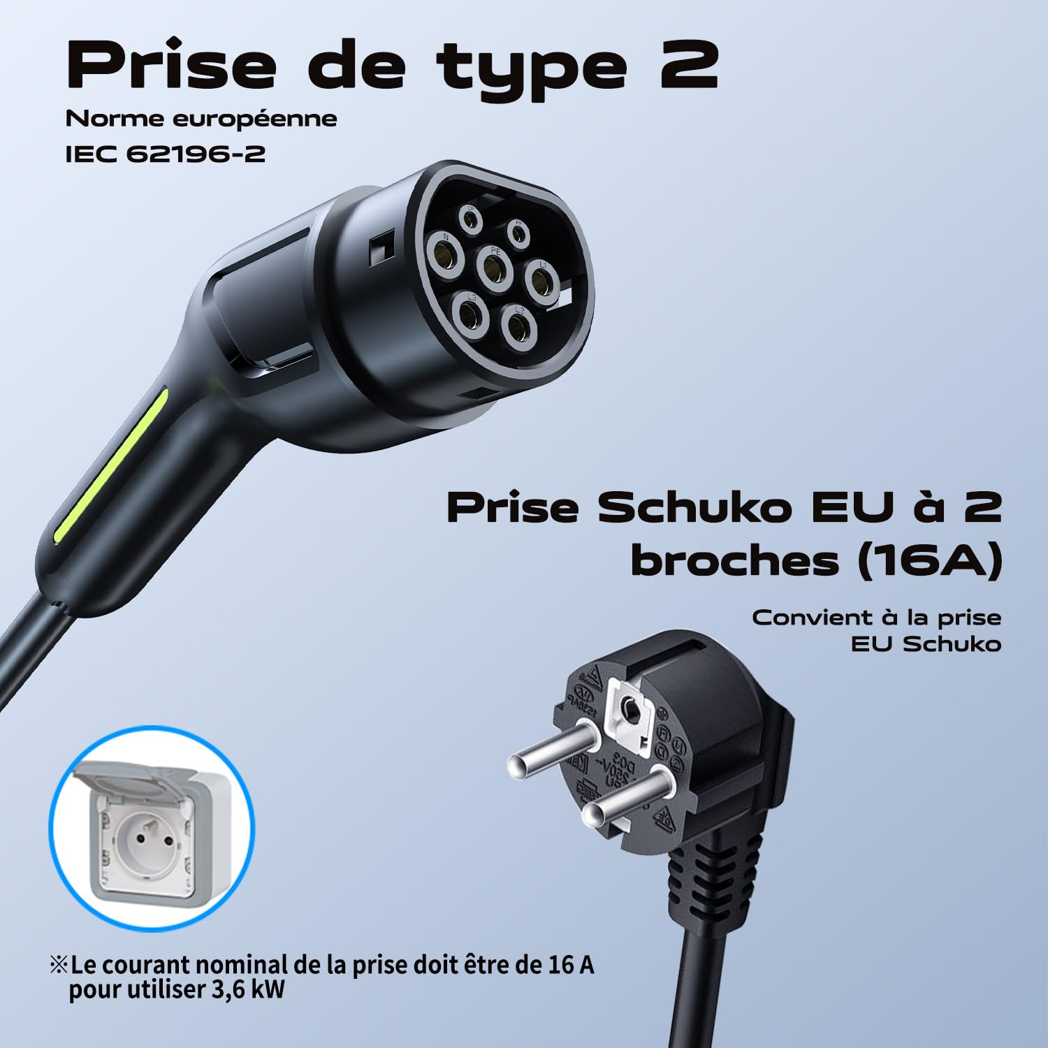 Chargeur EV type 2, 3,6 kW, câble de charge pour voiture, chargeur pour véhicules électriques, 16 A, 5 m, monophasé, EU Schuko, IP65 (IEC 62196-2)