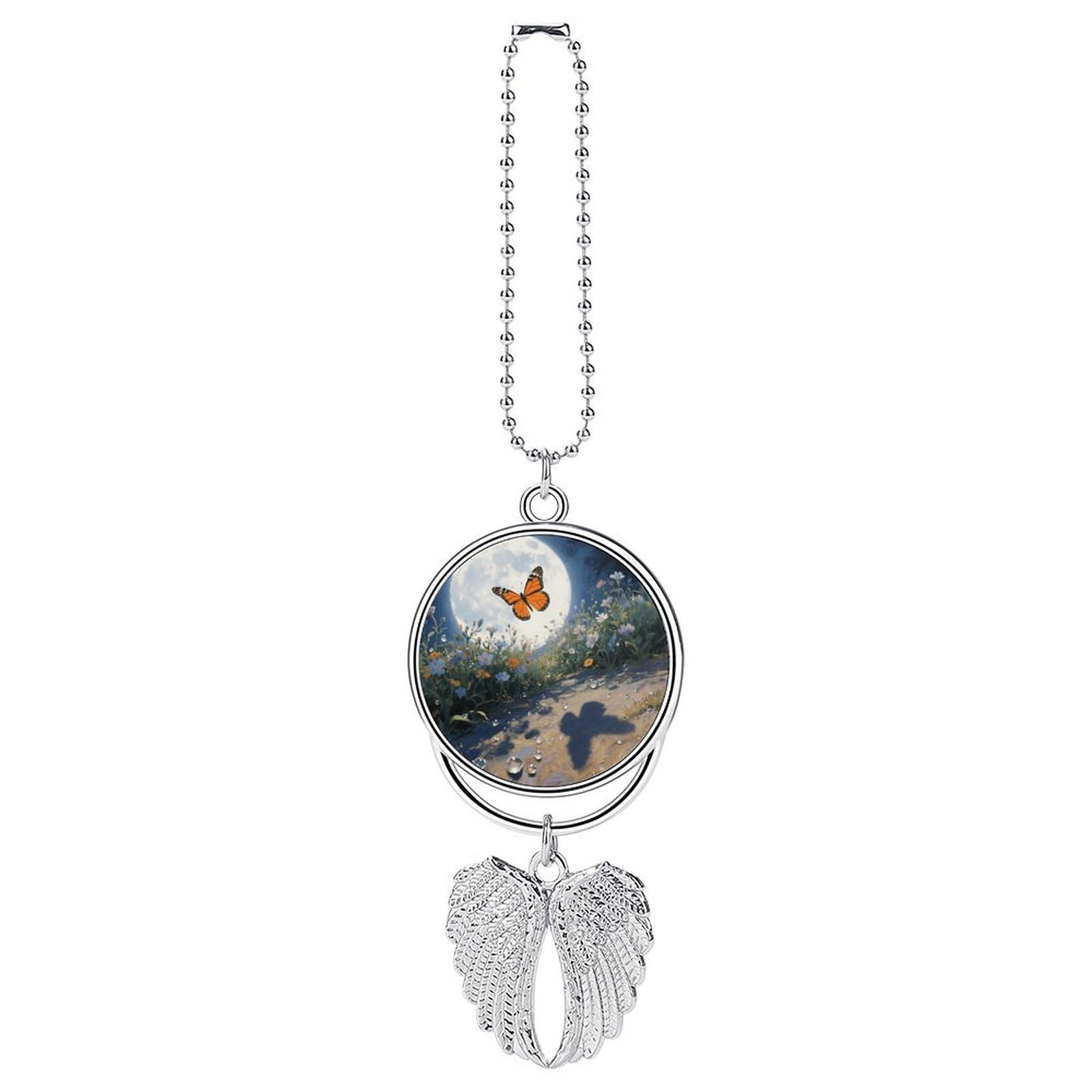 Orange Butterfly Moon Flower Car Pendant Car Rearview Mirror Pendant Custom Photo Car Hanging Ornament Car Rear View Mirror Hanging Accessories Angel Wing Car Charm Gift for Men Women