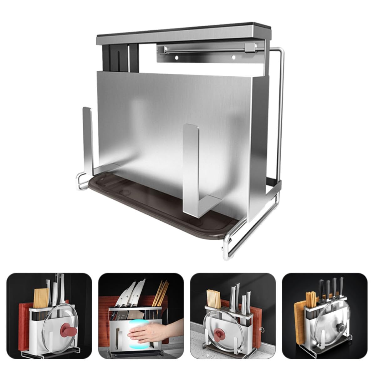 POPETPOP Support de Rangement en Acier Inoxydable pour Couteaux et Baguettes Planche à Découper et Porte-couvercle, Facile à Nettoyer Organiser Cuisine
