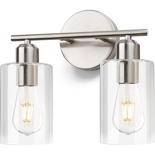 Bathroom Light Fixtures, 2-Light Brushed Nickel Vanity Lights for Bathroom, Modern Bathroom Lighting Fixtures Over Mirror with Clear Glass Shade, Wall Sconce Lighting for Bedroom Living Room