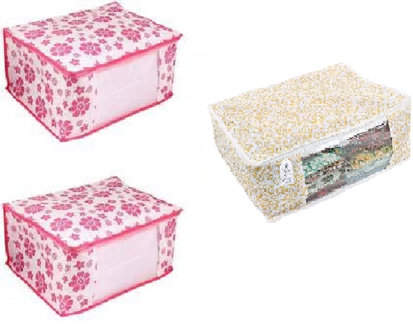 Click@me Saree Cover Yellow Floral Printed & Pink Floral Printed Front Transparent Non-Woven Saree Cover Combo 01PFSCYSC003 (Pink, Yellow)