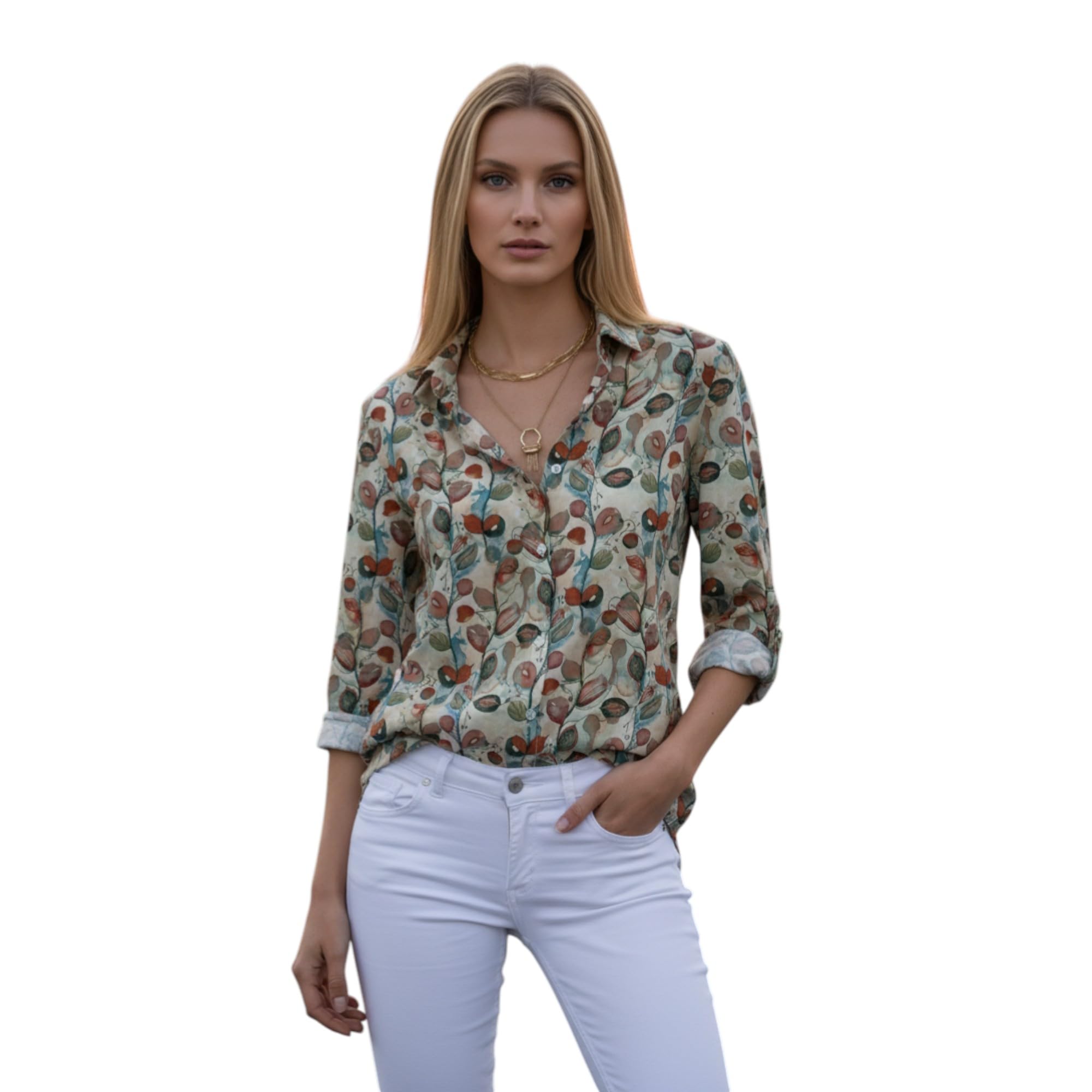 WROGN Women's Casual Button Down Shirt Long Sleeve Relaxed Fit Collared Top in Light Grey with Multicolor Abstract Leaf Print in grey