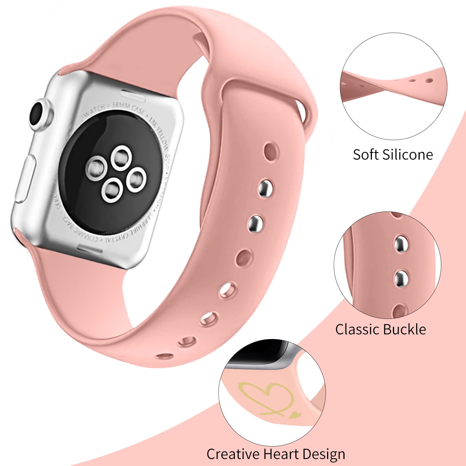 Compatible con Apple Watch Band de 1.496 pulgadas, 1.575 pulgadas, 1.614 pulgadas, para mujeres y hombres, correa de silicona con diseño único de amor para iWatch Series SE 7, 6, 5, 4, 3, 2, 1, color rosa 5