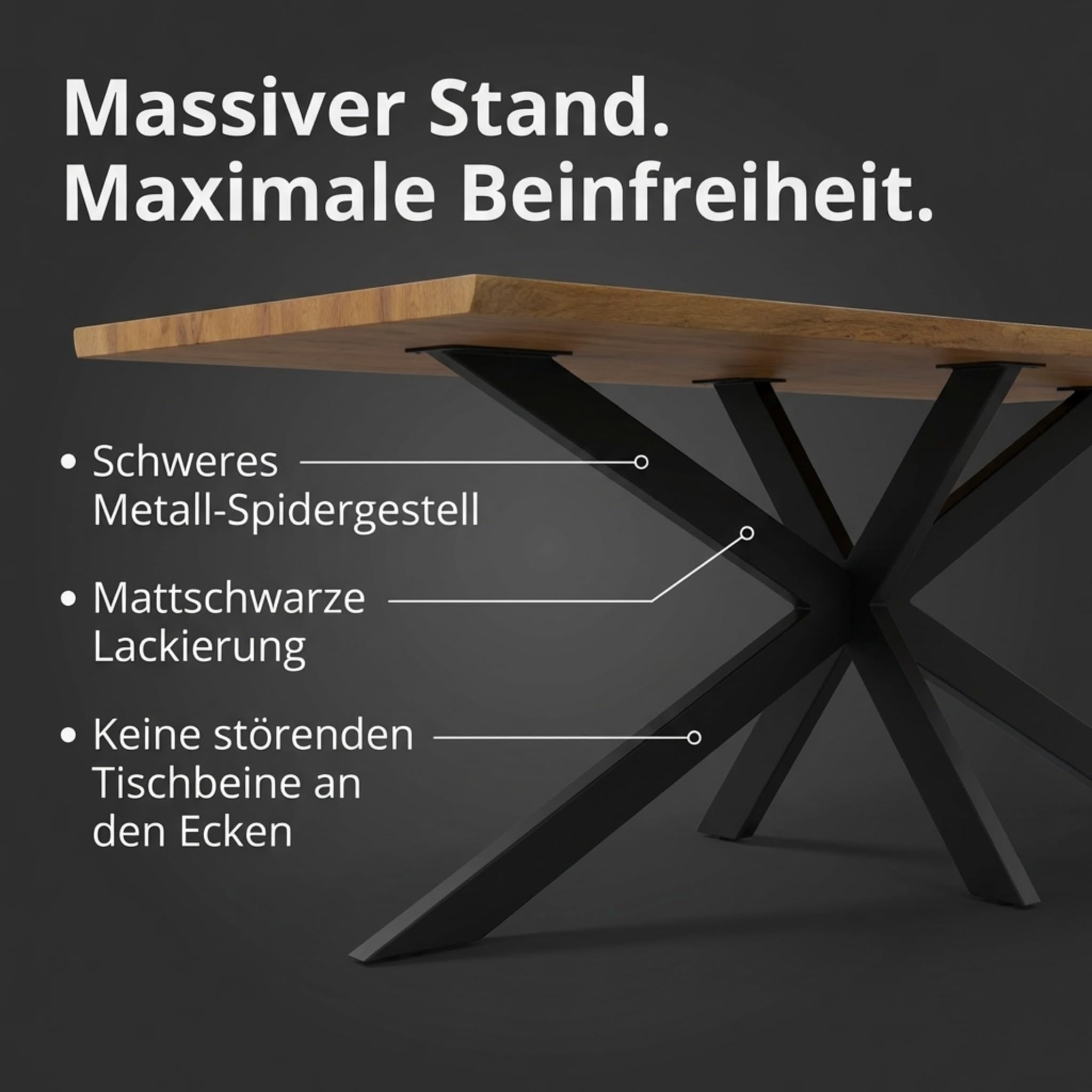 Esstisch 180x90 cm Eiche schwarz Baumkante Spider-Gestell Holz Casa | 40mm Eiche-Optik, Baumkantentisch aus, Massiva