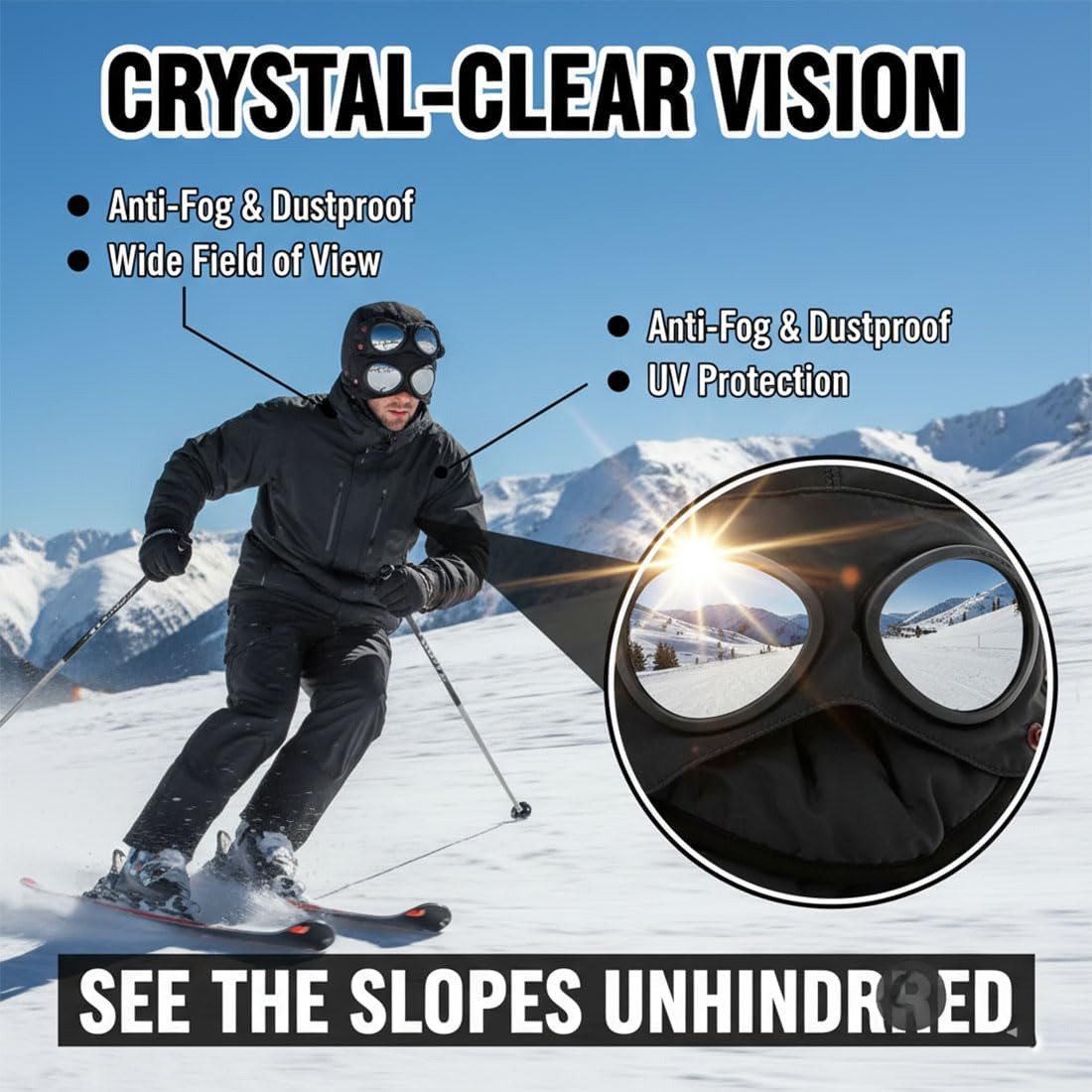 Winter Thermal Hat with Glasses, Outdoor Warm Windproof Mask Hat Trapper Hats with Goggles Detachable Mask Neckband