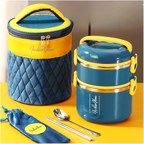 ZLBYXLU 保温弁当箱 お弁当箱 保温ランチジャー 二段 三段おべんとう箱 ご飯容器 弁当バッグ付き お箸とスプーン付き 真空断熱 長時間保温・保冷 こども 大人 女性 男性兼用 通勤 通学 アウトドア用 保温袋食器を送る (D,2000ML) [並行