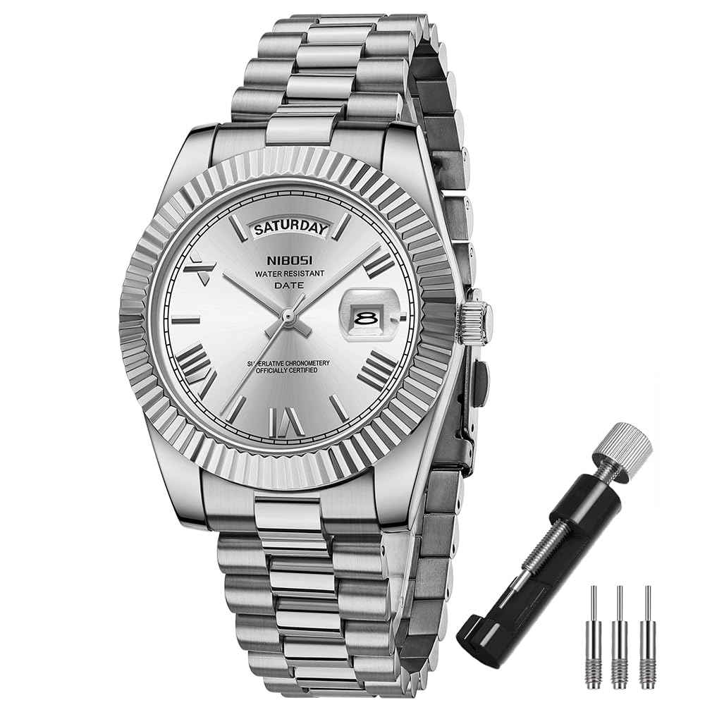 NIBOSI Watches for Men Fashion Waterproof Business Stainless Luxury Analog Quartz Simple Dress Classic Day Date Dad Father Gifts Silver Wrist Watch