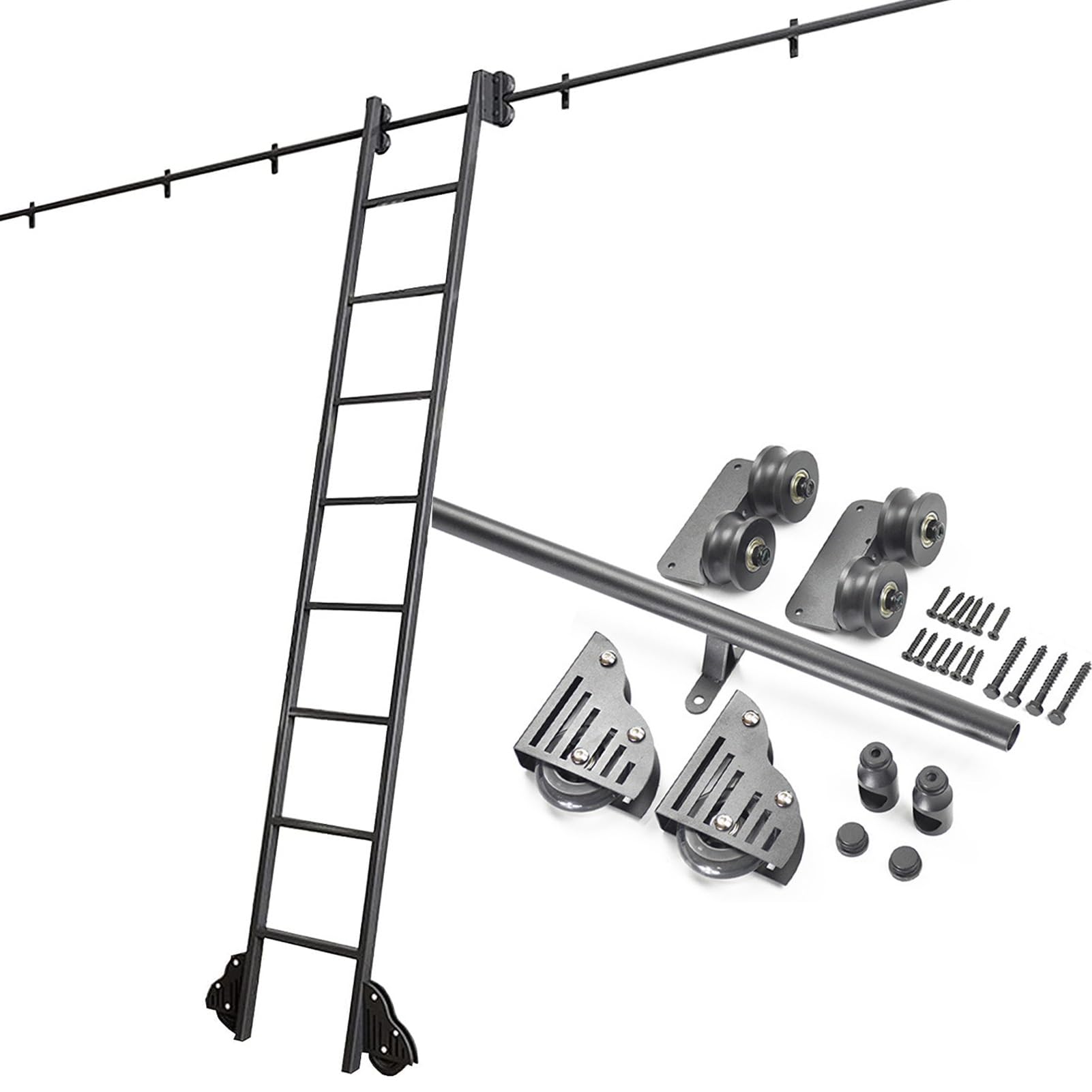 Kit de herrajes para escalera rodante con riel de tubo redondo de 500 cm y ruedas de piso