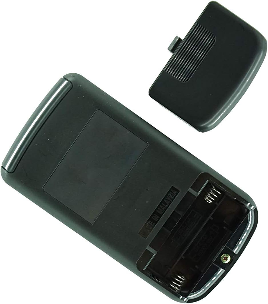 Angled view of the back of the remote control with the battery cover removed, showing battery slots and 'MADE IN MALAYSIA' text.