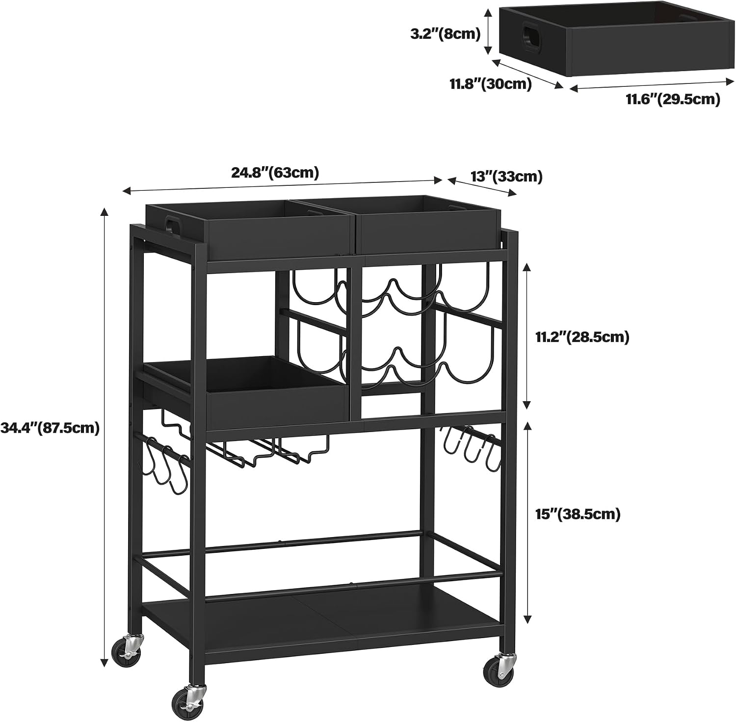 TUTOTAK Bar Cart with Wheels, Drink Cart with Wine Rack and Glass Holder