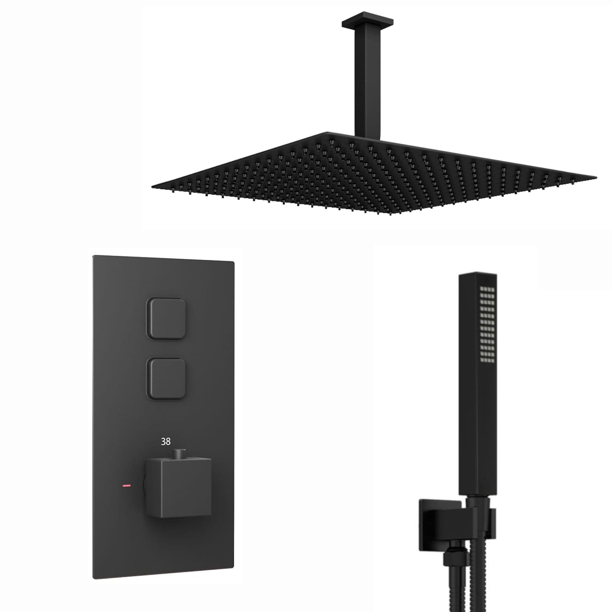 Enki Black Spello, Sh0093, Square Thermostatic Concealed Shower Set Large 400Mm Ceiling Mounted Shower & Handset Kit,