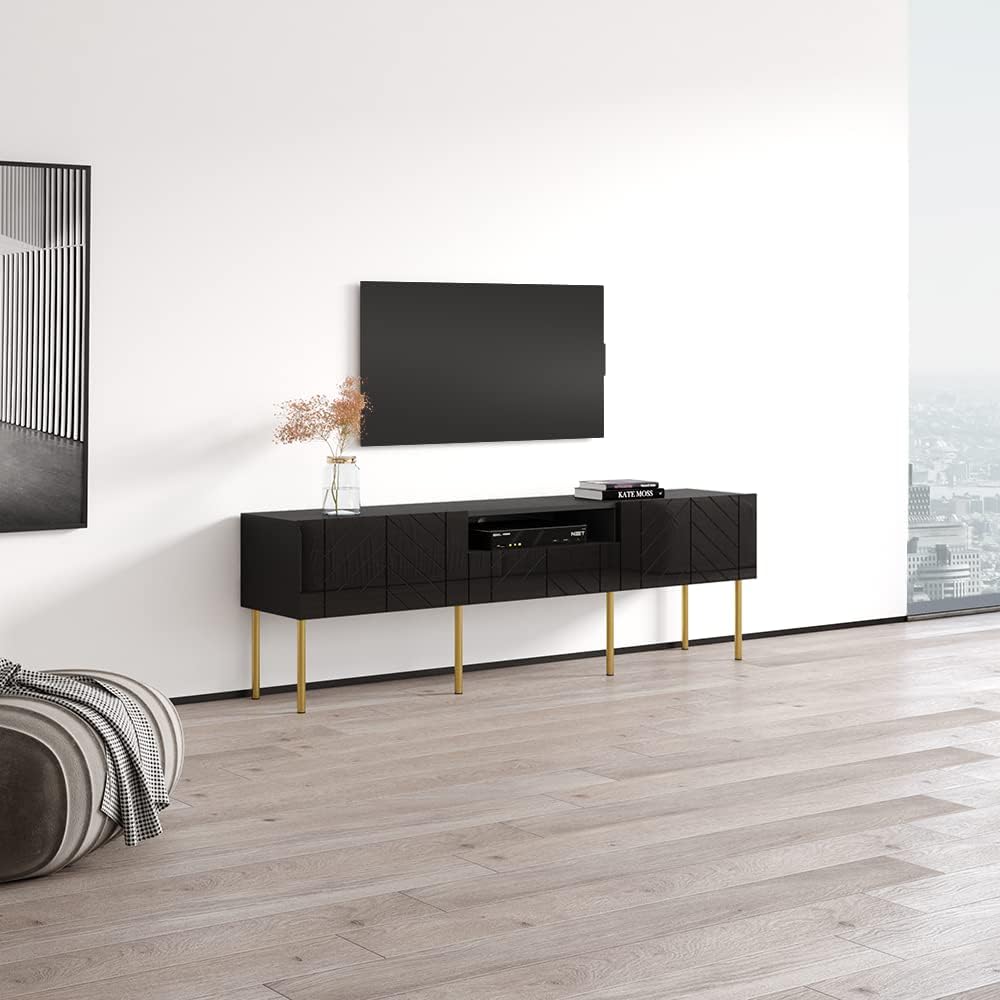 Meble Furniture Leaf 01 Mid-Century Modern TV Stand — Storage Cabinets — High-Gloss Finish, 63.8 x 15.7 x 20.5 inches — Black