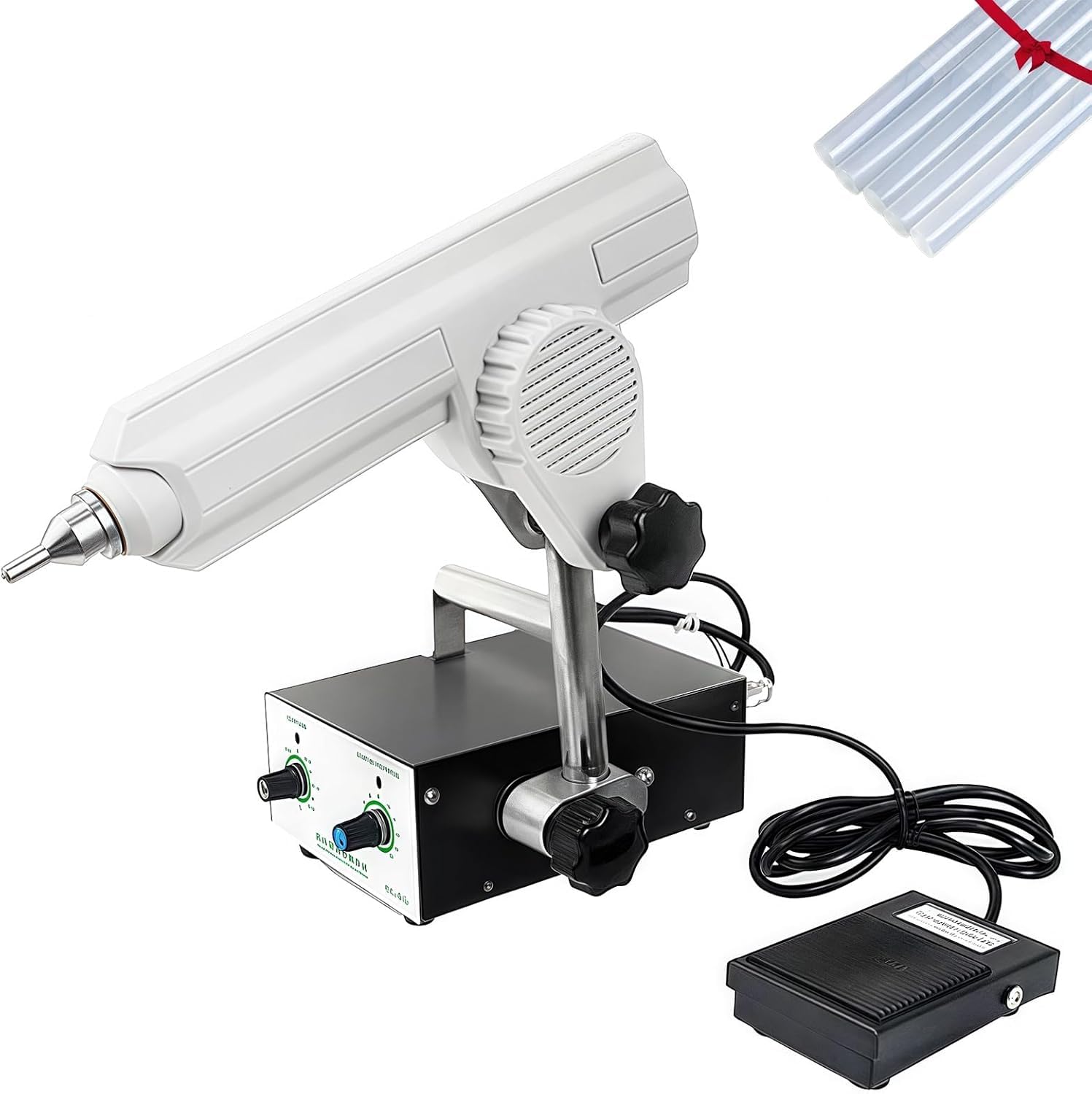 Elektryczny pistolet do klejenia na gorąco z pedałem żnym, 400 W, dysza 2,6 mm, 125 sztyftów kleju, regulowana temperatura i kąt, do pakowania. Dla majsterkowiczów i profesjonalistów.