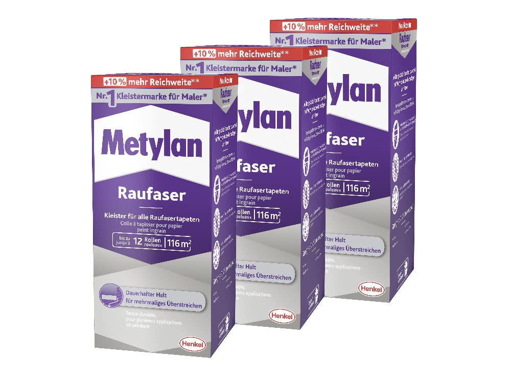 Metylan Raufaser, starker Tapetenkleister für Raufasertapete mit hoher Anfangsklebkraft, langlebiger & korrigierbarer Kleister mit Methylcellulose, 3x720g