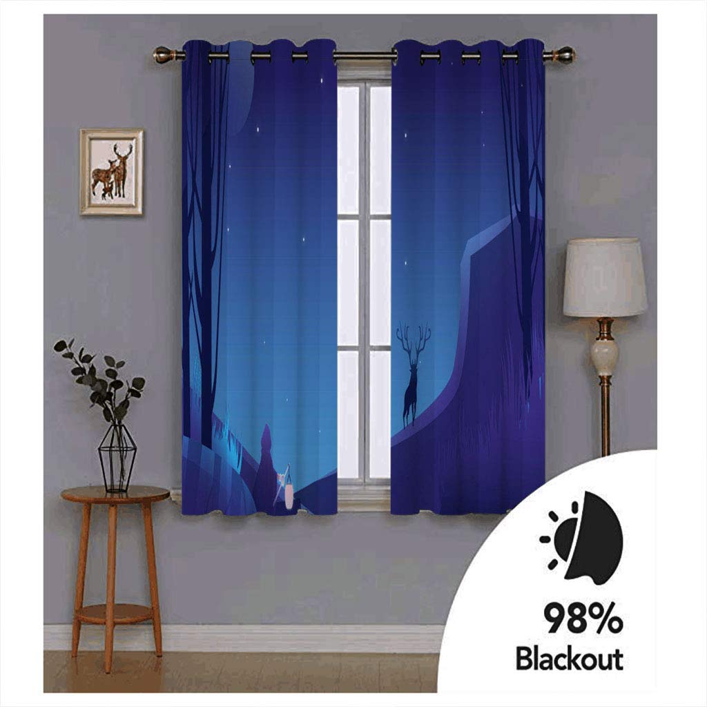 Cortinas Opacas Termicas Aislantes Frio Y Calor Con Ojales 2 Piezas 3D Sombra De Ciervo En El Bosque Azul Profundo Patrón 280X260Cm Cortinas Salon Infantil Dormitorio Ventana Moderna Decoración Par