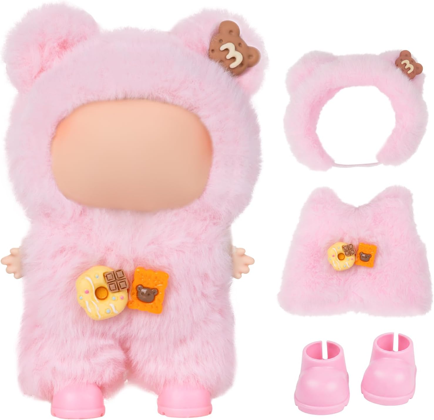 Dolls Clothes for Labubu(NO Doll) - 17cm Doll Clothes & Accessories Pink Plush Cute 3-Piece Outfit with Snap-On Romper for 6.7 Inch Clothing