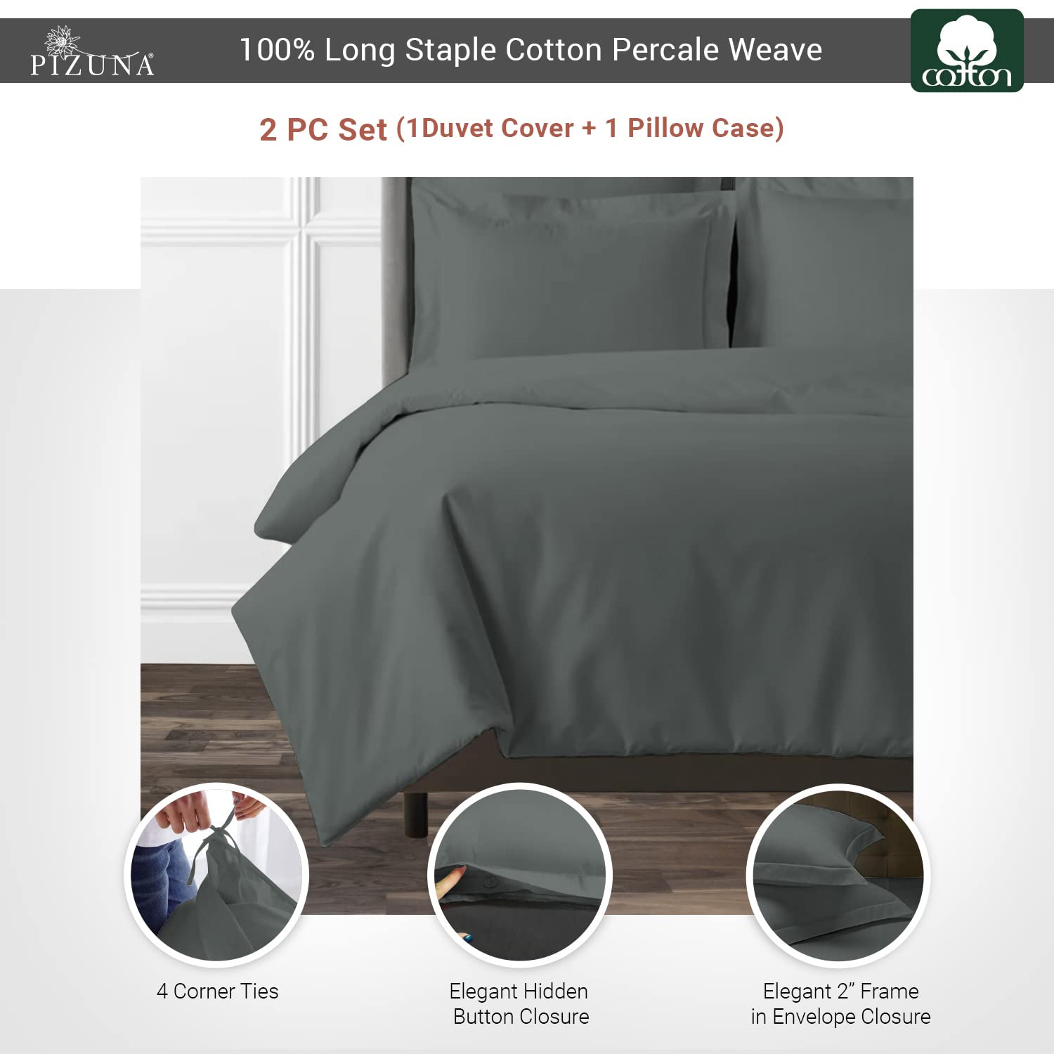 Pizuna Dark Grey Cotton Single Duvet Cover Percale 140x200 cm, 100% Long Staple Cotton Single Bed Duvet Cover Set - Image 3
