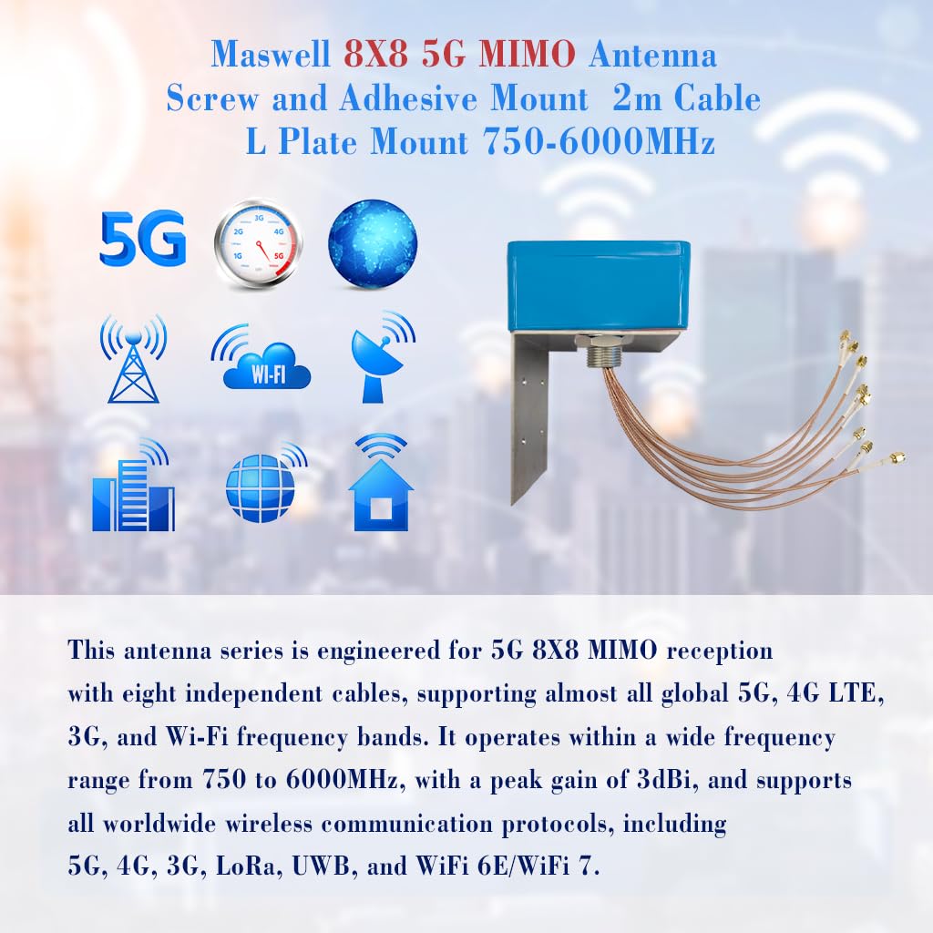 Maswell Antenne MIMO 8 x 8 5G pour l'extérieur, entrée de gamme 3dBi, câble à vis et adhésif de 2,2 m, 750-6000 MHz Global 5G 4G LTE 3G Lora UWB et WiFi 7, ne convient pas pour booster