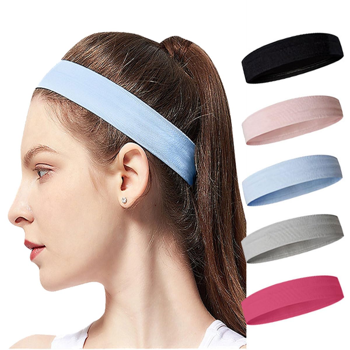 ECVV 5PCS Women's Non-Slip Headbands - Hair Bands for Sports, Workout, Yoga, Running - Soft Cotton Blend Fabric - Multi-Purpose Hair Accessories