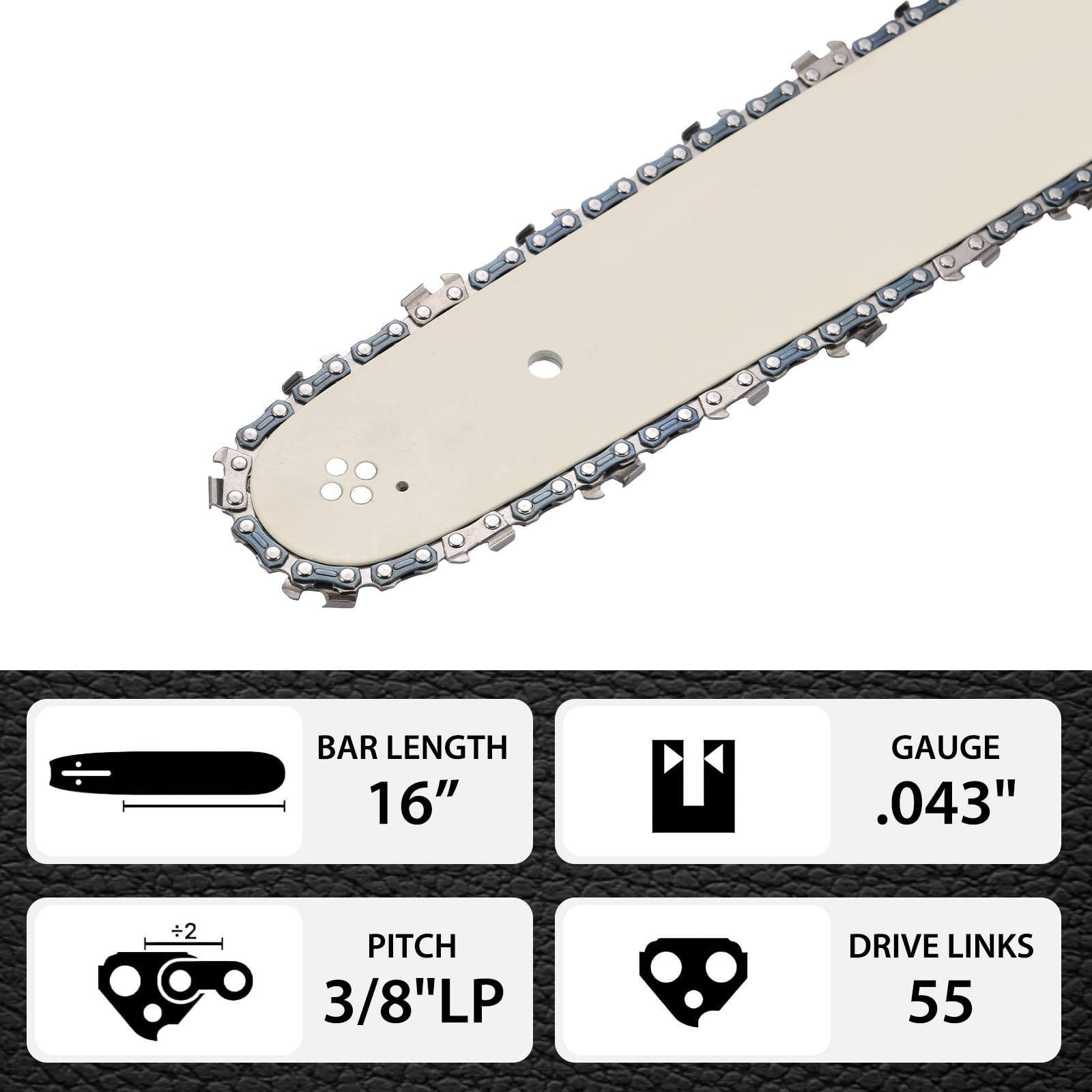 Combo de barra de motosierra y cadena de 16 pulgadas, paso LP de 3/8 pulgadas, calibre de 0.43 pulgadas, 55 eslabones de transmisión, compatible con Makita UC3541A, Bosch EasyCut1200, Dewalt DCCS670