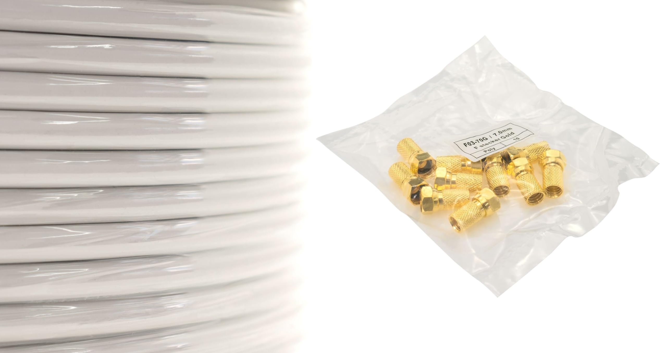 Anadol Câble coaxial anti-incendie avec 10 fiches F plaquées or 5 prises mâles Ø 7 mm 135 dB, blindé 5 fois, standard EN 50575 100 Meter