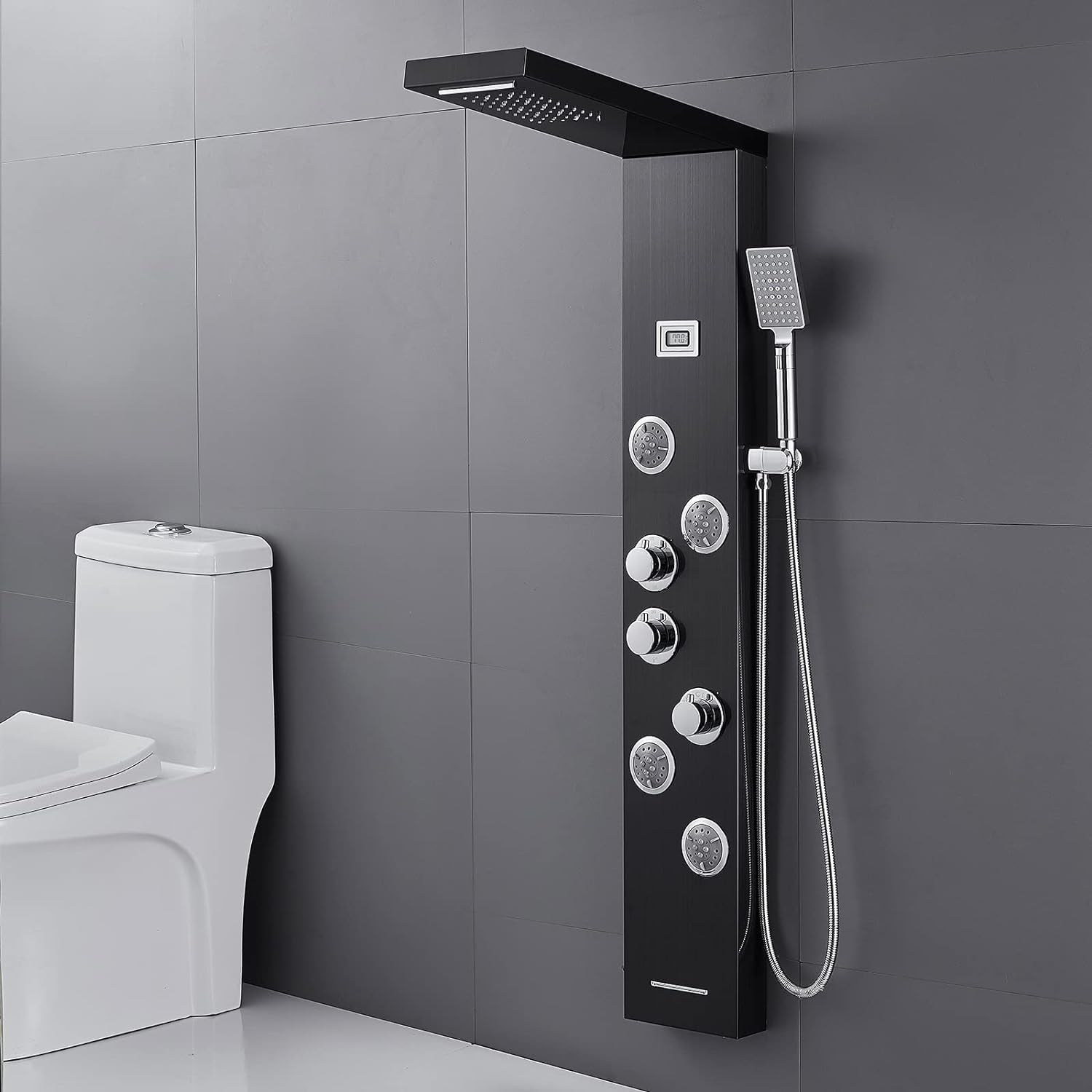Shower Tower 304 Stainless Steel Multi-Function (Waterfall Rainfall, Handheld, Bathtub Spout, LED Light, Celsius Temperature Display) Shower Column for Home Hotel Resort Renovation,Black