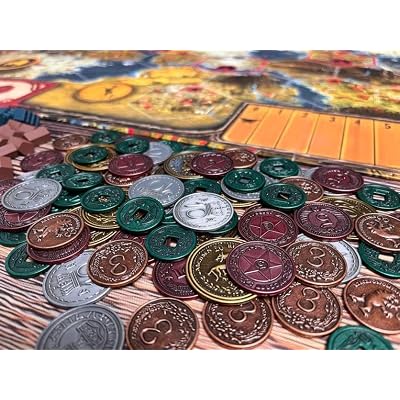 Stonemaier Games: Metal Coins (Scythe and Expeditions) | Metal Coins to Enhance Your Gameplay | 80 Coins with Unique Colors and Sides for Each Denomination - Values Include 1, 3, 5,10, and 20