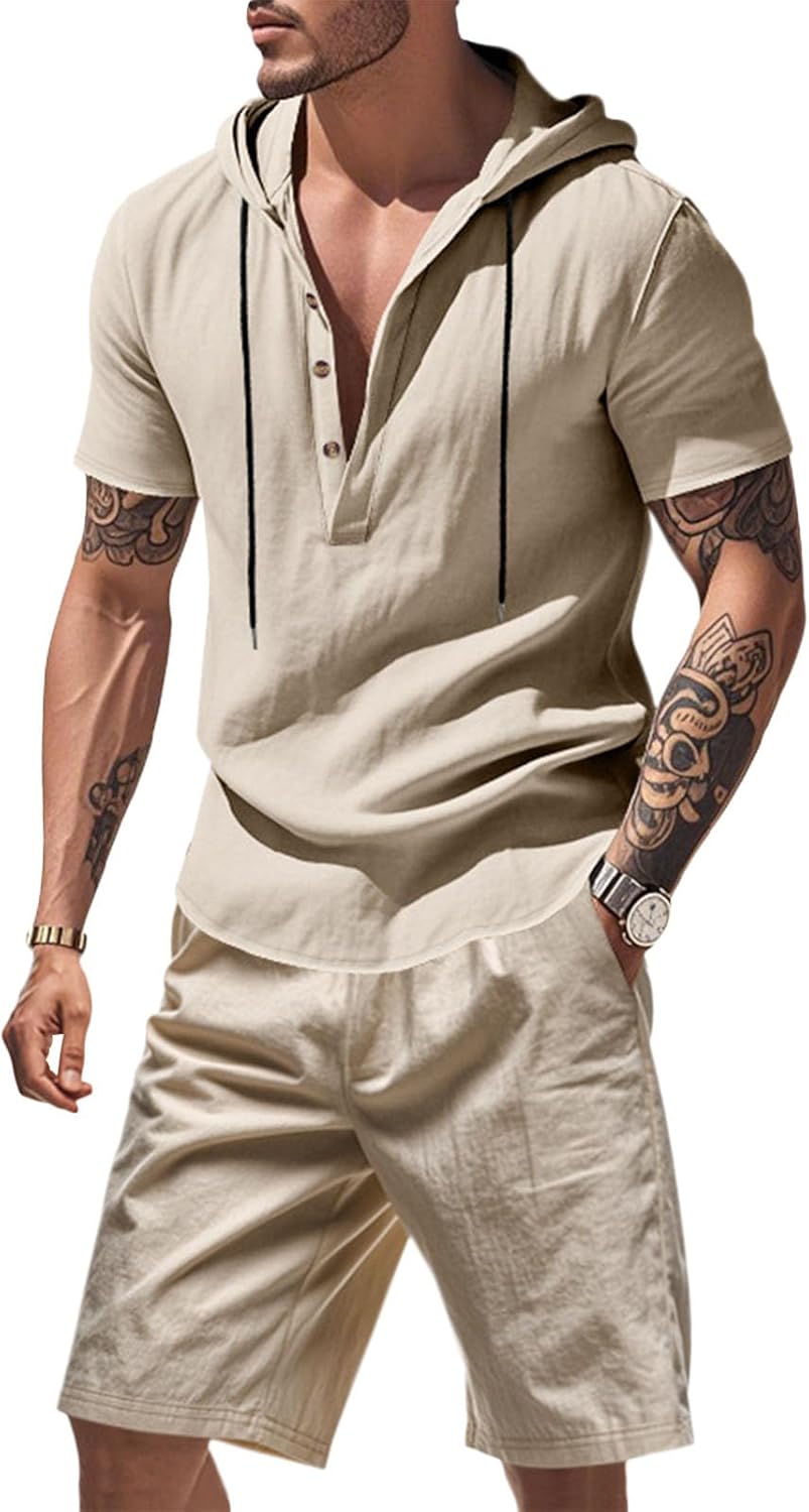 Costaric Mens Linen Sets Button Drawstring Hoodies 2 Piece Short Sets Summer Beach Vacation Clothes 2025 Workout Tracksuits