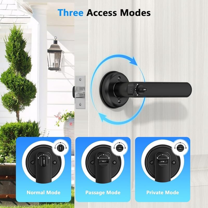 4-in-1 Biometric Fingerprint Smart Door Lever,Keyless Entry Door Handle with App Control&Auto Lock,Minimalist Digital Lock with Hidden Keyhole for Bedroom,Home Office or Airbnb Hosts,Black