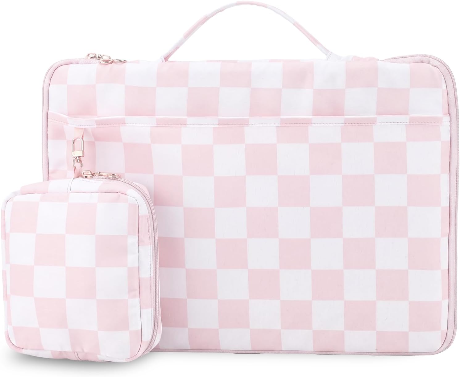 Tallew 2 Pcs 15-16 Inch Pink Checkered Laptop Case with Small Pouch Puffy Padded Laptop Bag Sleeve with Handle Portable Computer Case Cover for Women