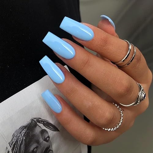 Miniatura 30 de Xcreando - Uñas postizas Baby Pink de longitud media y largas, estilo coffin cuadrado, uñas acrílicas con pegamento, uñas postizas de color sólido