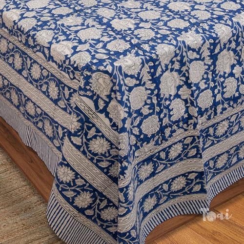 Image of TOAI Hand Block Printed Bedsheet | Bed Sheet Flatsheet | Pure Cotton | Double Bed King Size 108 inchx108 inch | 210 TC Bedsheets | Includes 2 Pillow Covers (Blue Night Kalamkari)