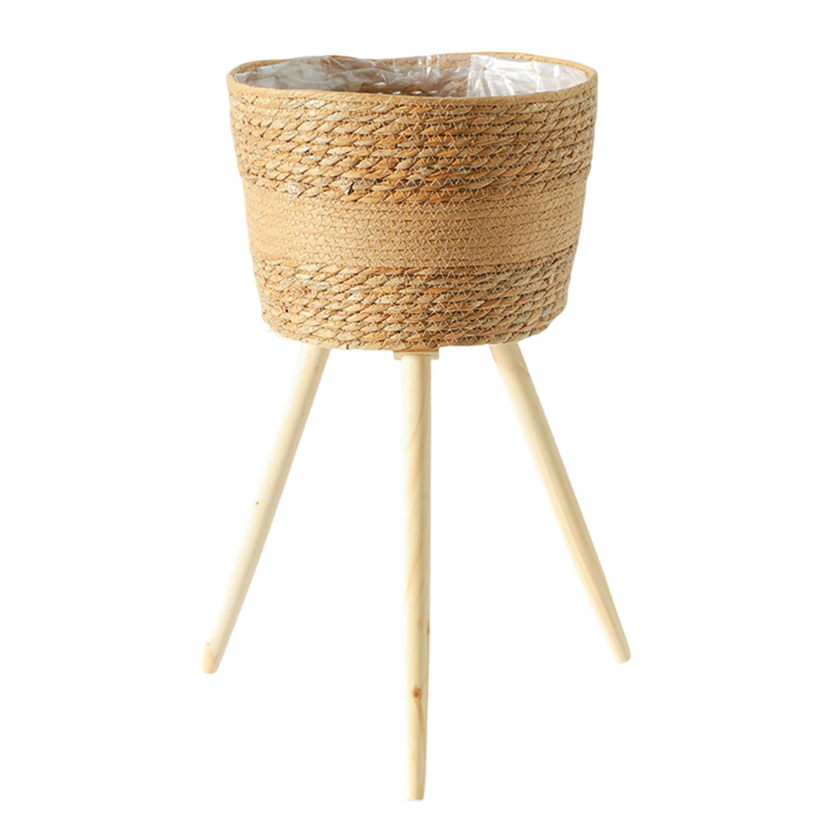Hsioluted Plant Stand with Wooden Leg Cattail Flowerpots Storage Shelf Handwoven Flower Baskets Rack for Succulents Plant Display