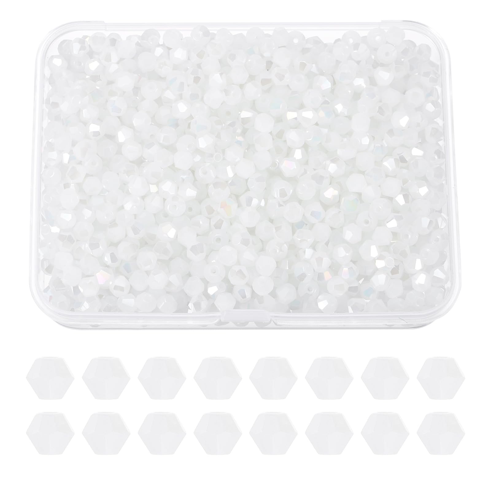 PATIKIL 1000pcs 4mm Bicone Glass Crystal Beads, Faceted Glass Spacer Beads with Box for Jewelry Making Bracelet Necklace Earrings DIY Suncatcher Craft, Pure White AB