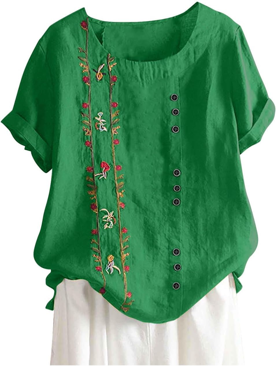 Finelylove Linen Shirts for Women Se Fit Short Sleeve Summer Tops Boho Floral Print Crew Neck Tunic Blouses 2025 Clothes