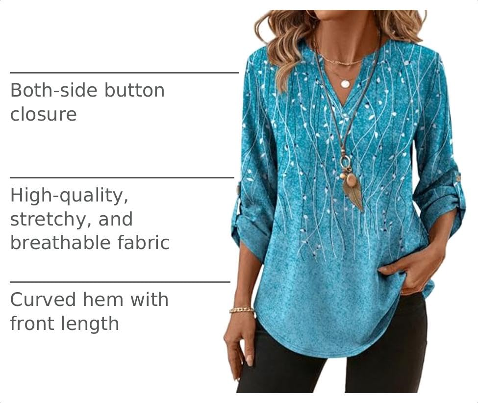 Image of XIEERDUO 3 /4 Length Sleeve Womens Tops V Neck T Shirts Both Side Buttons Blouses Business Casual Outfits Loose Fit