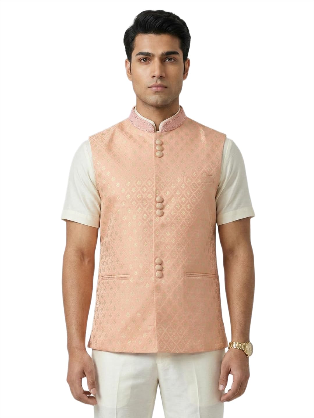 sanman ethnix by raymond Men Regular Fit Jacquard Pattern Pure Polyester Mandarin Collar Sleeveless Festive Bundi-picture-17