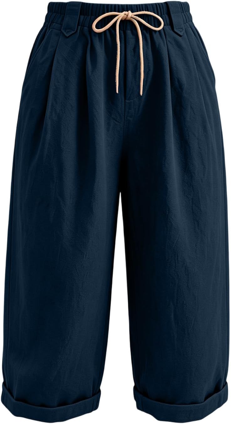 Capri Pants for Women Casual Summer Capris Elastic High Waist Wide Leg Loose Comfy Drawstring Cropped Trousers