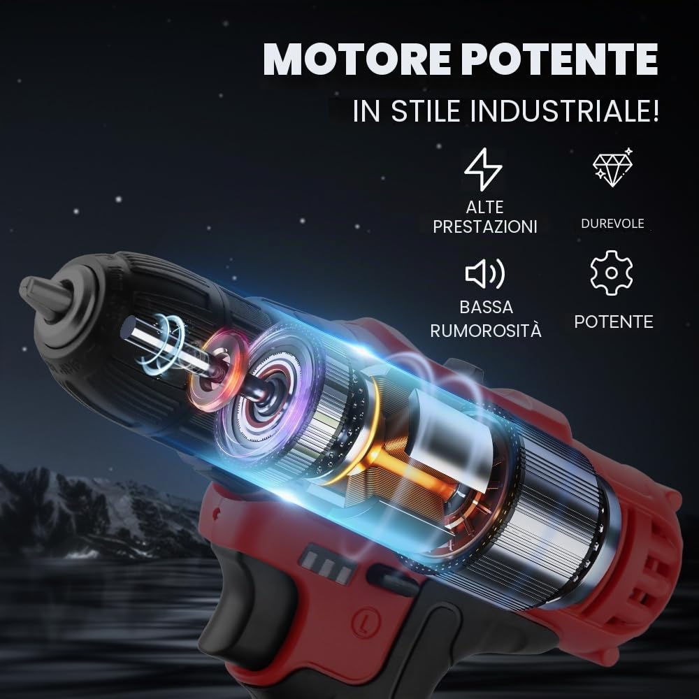 TEENO Trapano avvitatore a batteria 21V, dotato di 2 batterie da 1,5Ah, coppia di 35Nm, regolazione 18+1 livelli, 2 velocità, luce LED, ideale per progetti di bricolage