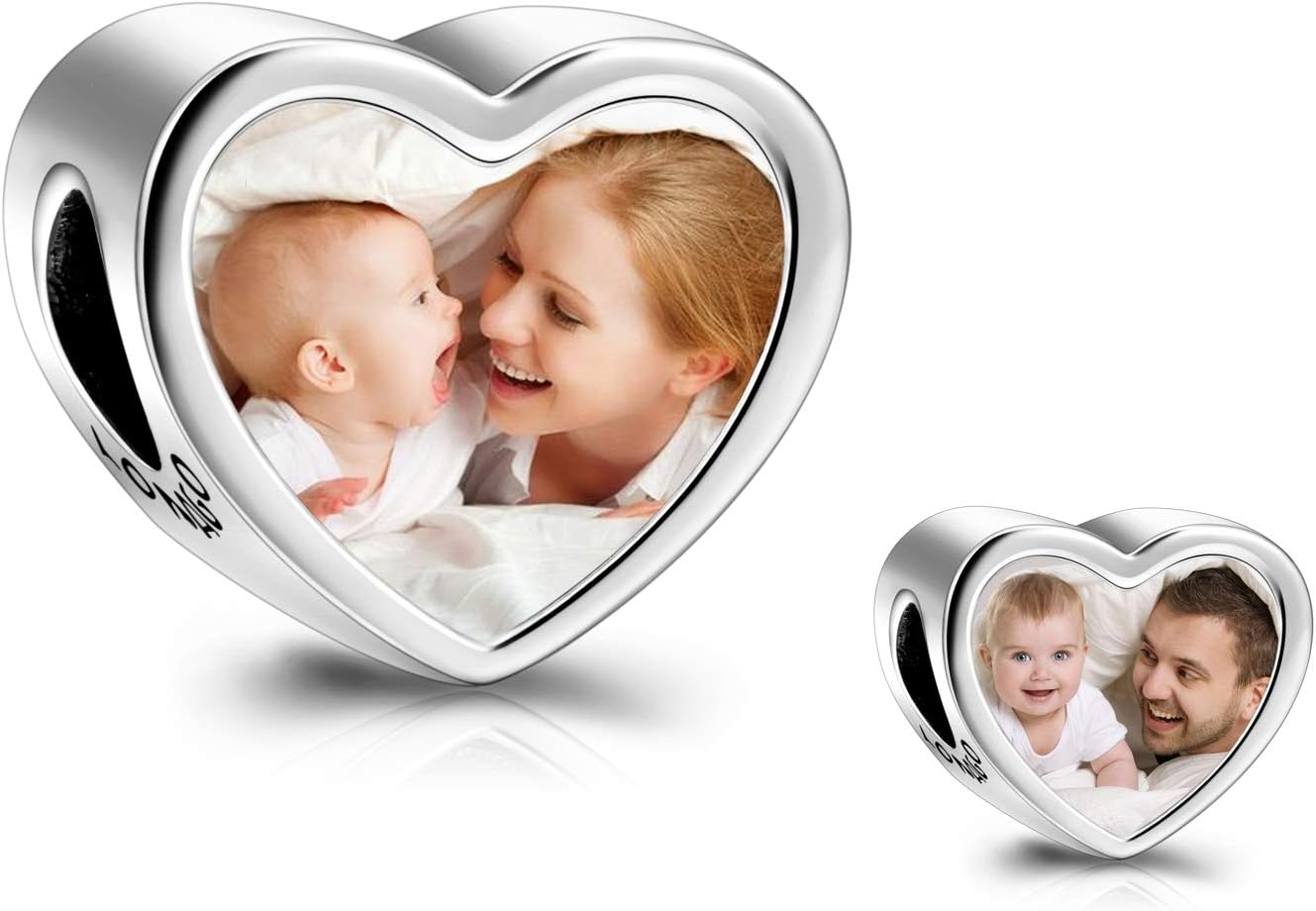 925 Sterling Silver Personalized Photo Charm Fit Compatible for Bracelet Necklace Customized Heart Round Shape Picture Bead