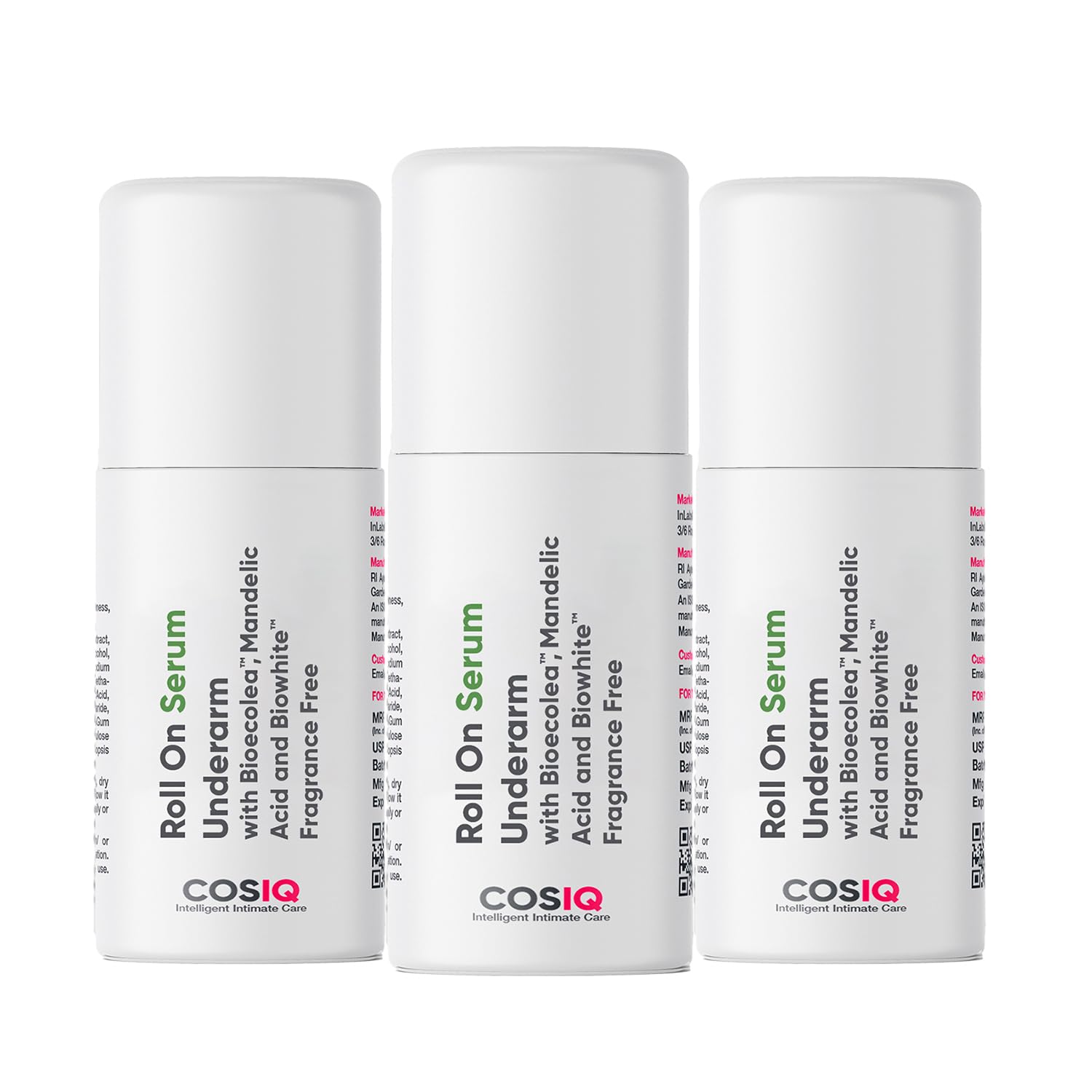 Cos-IQ Brightening Underarm Roll On Serum (Pack of 3 X 40ml) | With Bioecolea, Mandelic Acid and Bio White | Fragrance Free | Brightens Skin & Exfoliates Underarms | For Sensitive Skin | 90 Days Pack