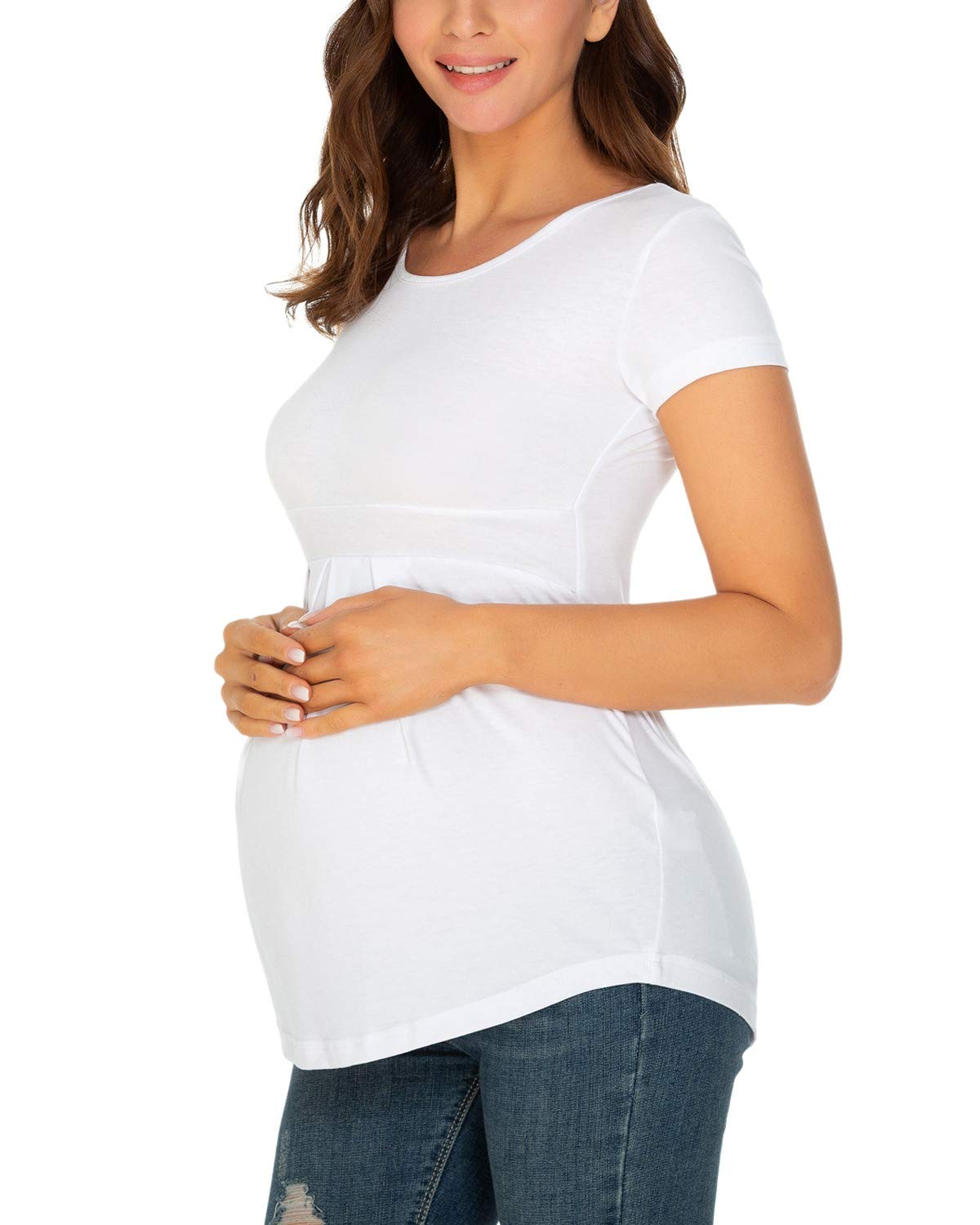 GlampunchWomen's Maternity Tops Short Sleeve Round Neck Front Pleat Peplum Pregnancy T Shirts