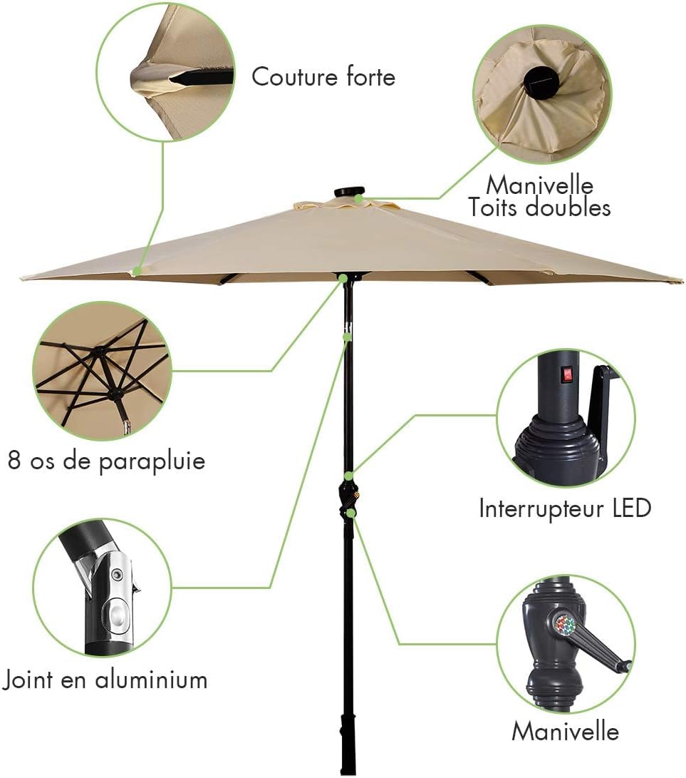RELAX4LIFE Parasol Inclinable LED Dia.3M avec Éclairage Solaire, 8 Baleines, Inclinaison Réglables Parasol de Jardin Extérieur pour Balcon Terrasse Patio Café Bistro (Beige, Φ300x250cm)